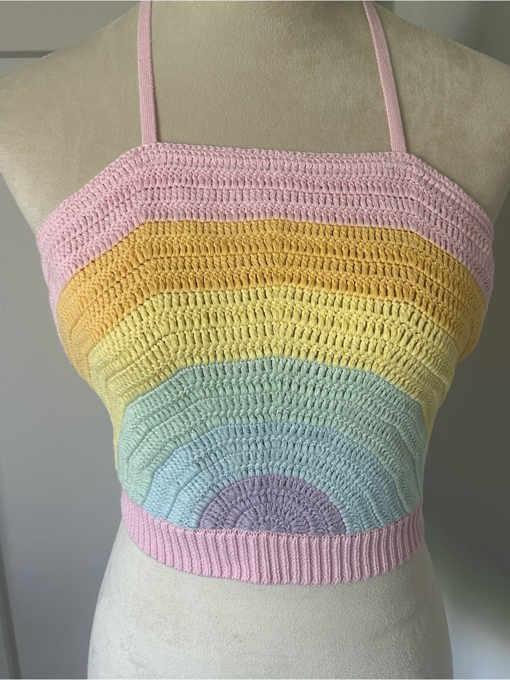 Pastel Rainbow Crochet Halter Crop Top